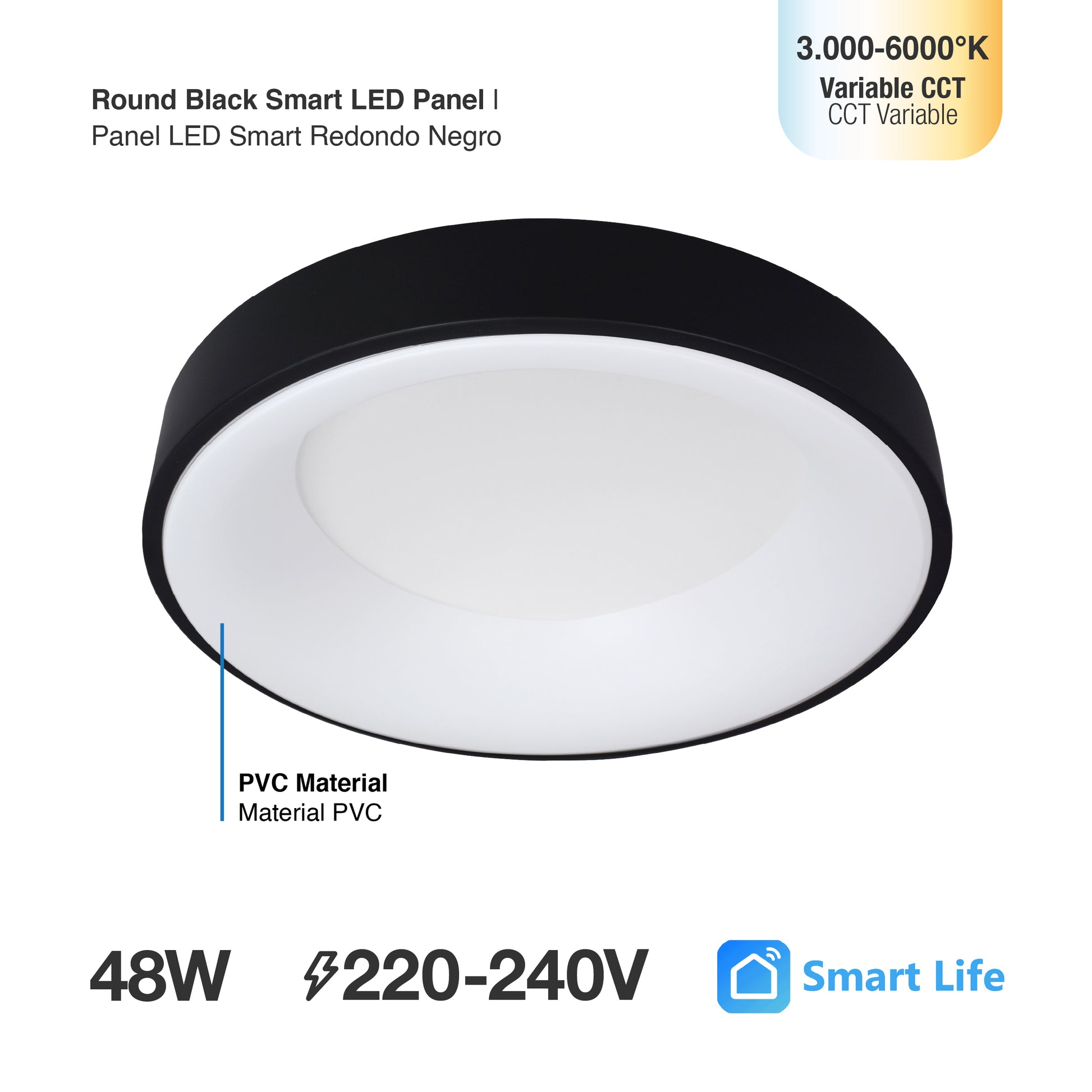Plafón LED Inteligente Redondo 48W, Negro