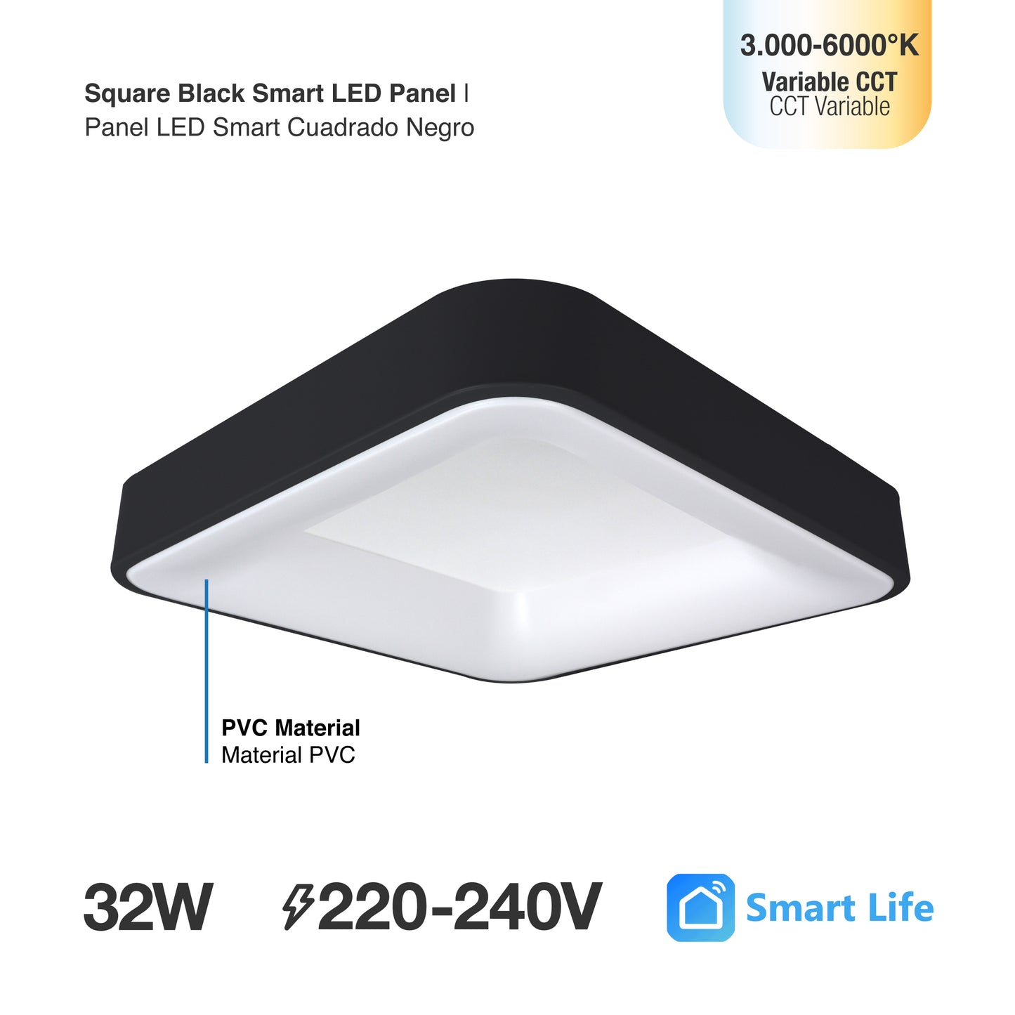 Plafón LED Inteligente Cuadrado 32W, Negro