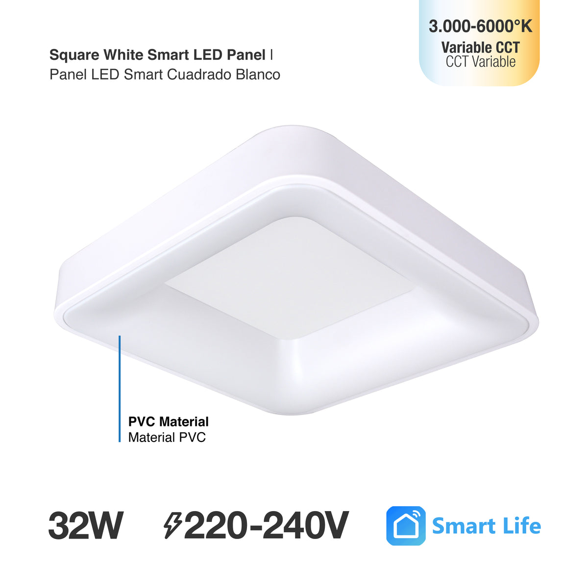 Plafón LED Inteligente Cuadrado 32W, Blanco