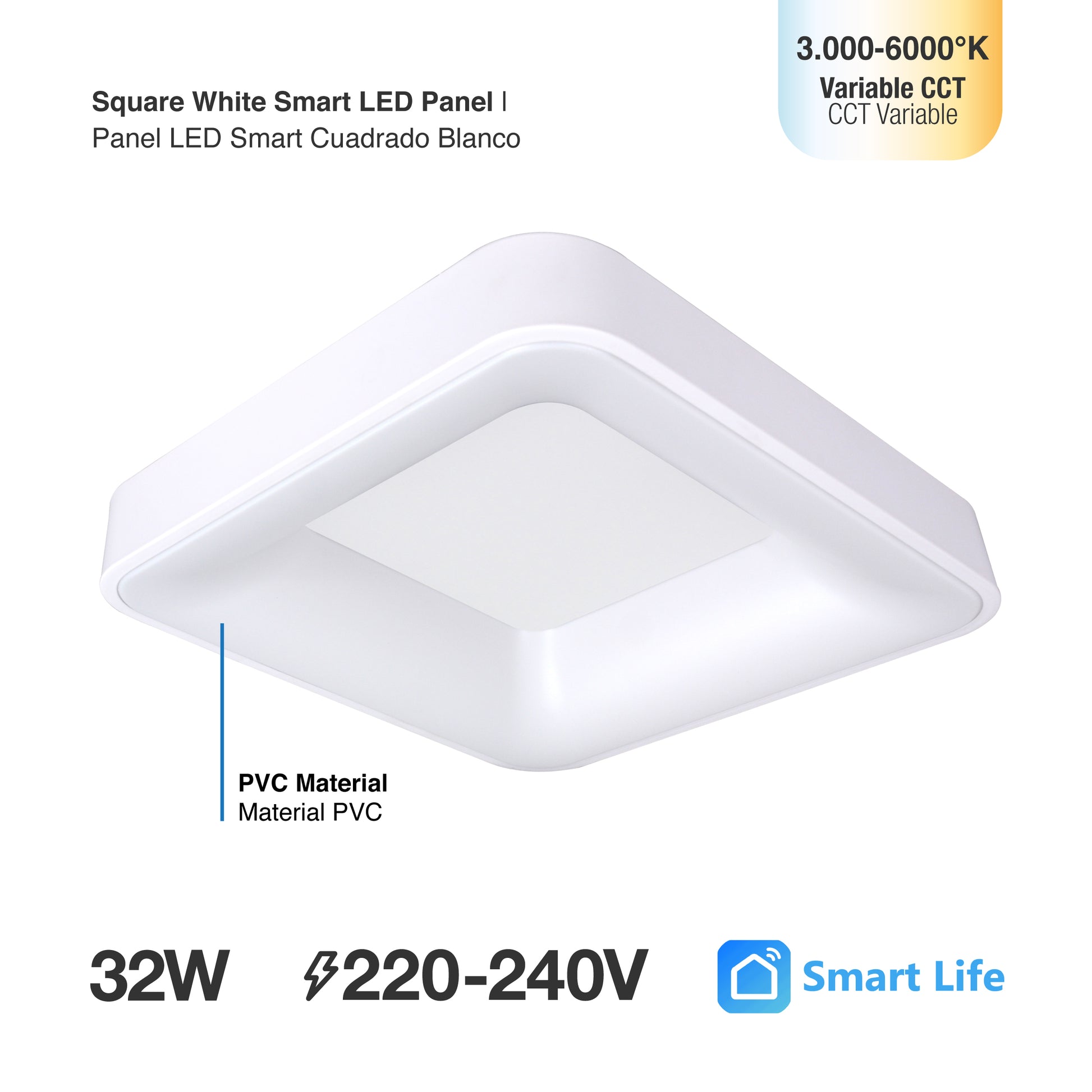 Plafón LED Inteligente Cuadrado 32W, Blanco