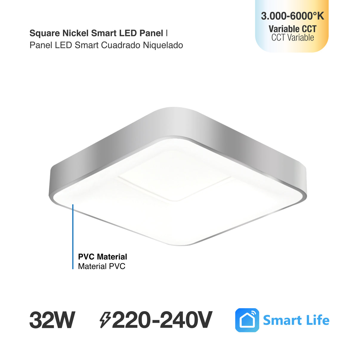 Plafón LED Inteligente Cuadrado 32W, Níquel