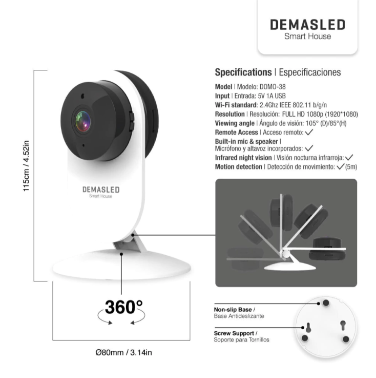 Cámara Smart WIFI Demasled de interior. 2MP, IP65