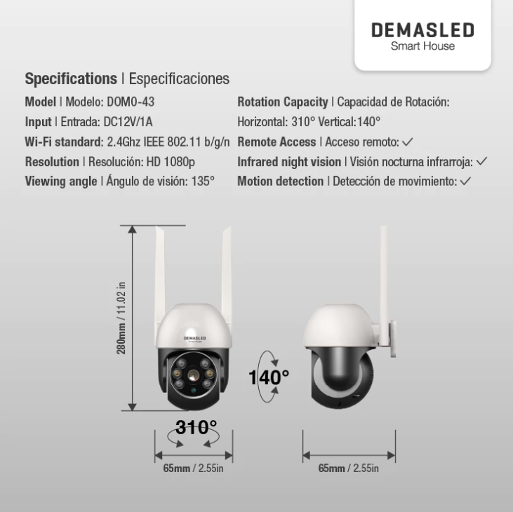 Cámara Smart WIFI Demasled. HD de exterior, 1080P, IP33